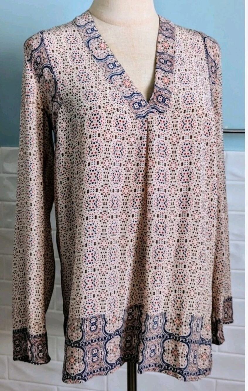 Vince Blouse Womens 4 Multicolor Silk Long Sleeve Boho Pattern Tunic Top Shirt